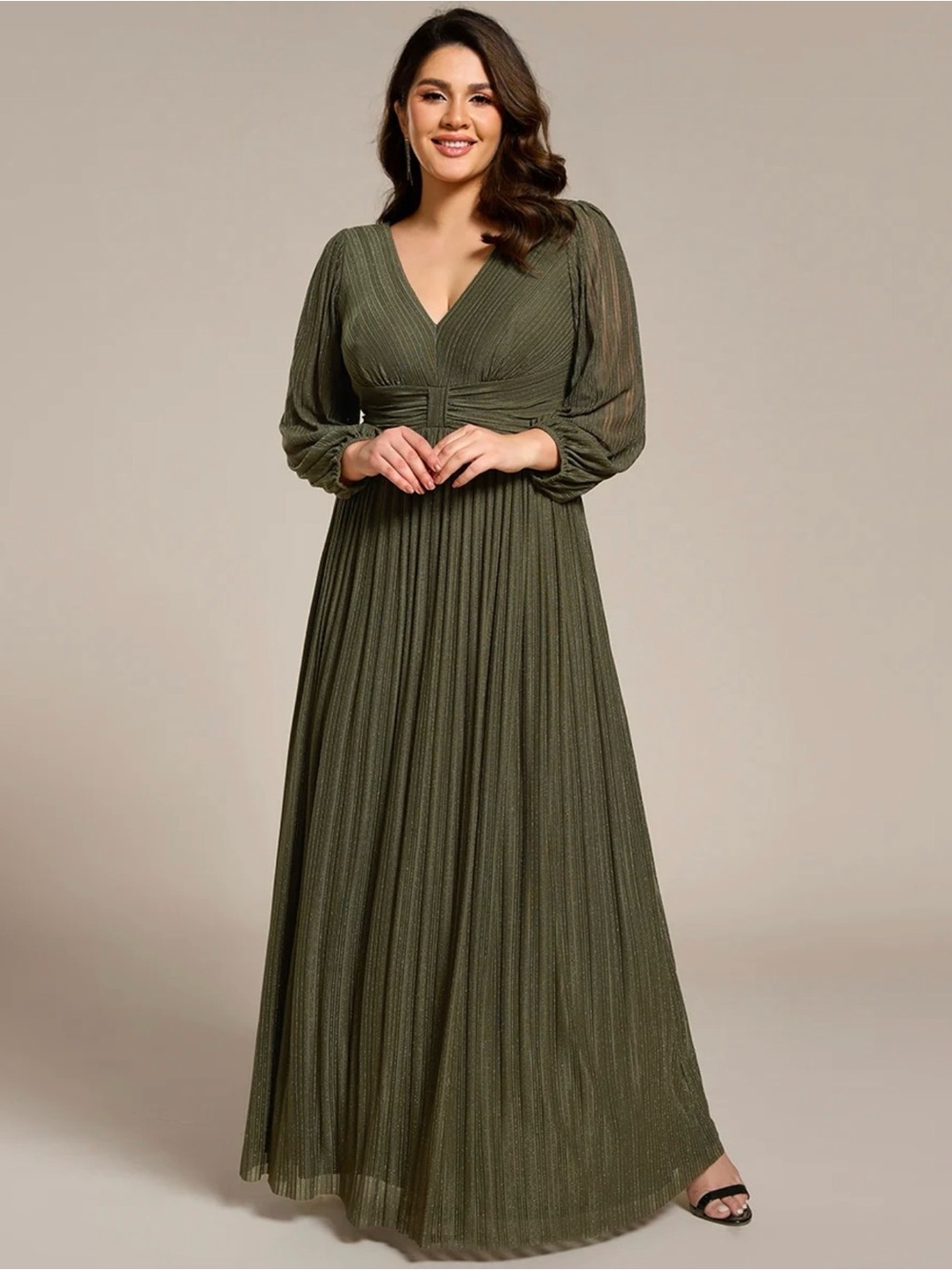 Ever Pretty Olive Green Pleated V-Neck Maxi Dress